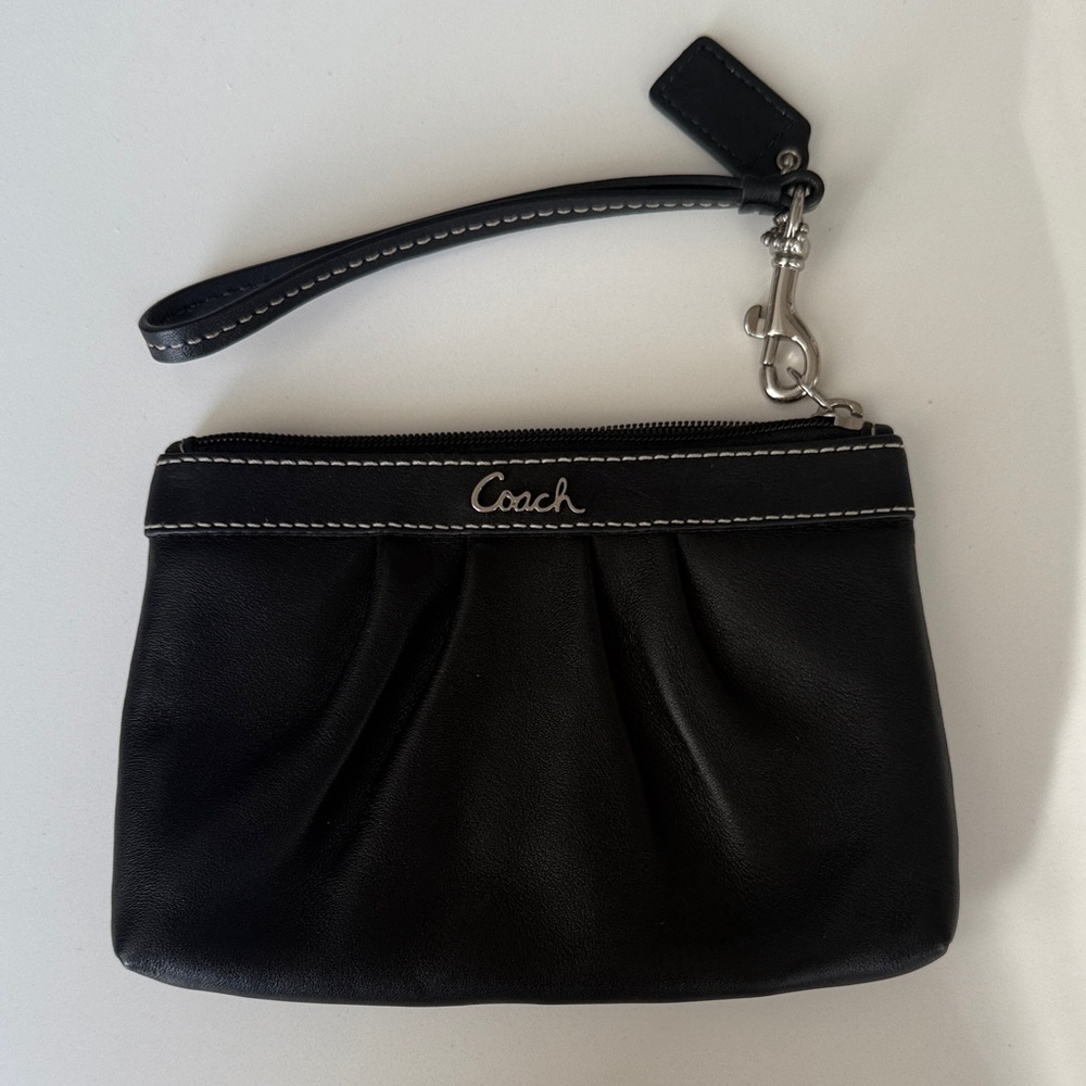 Coach Black Leather Wristlet with Silver Accents
